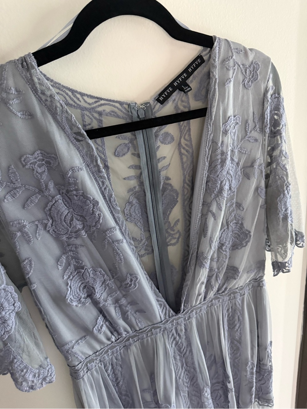 Light Dusty Blue Lace Overlay Maxi Dress with Deep V - Picture 3 of 5